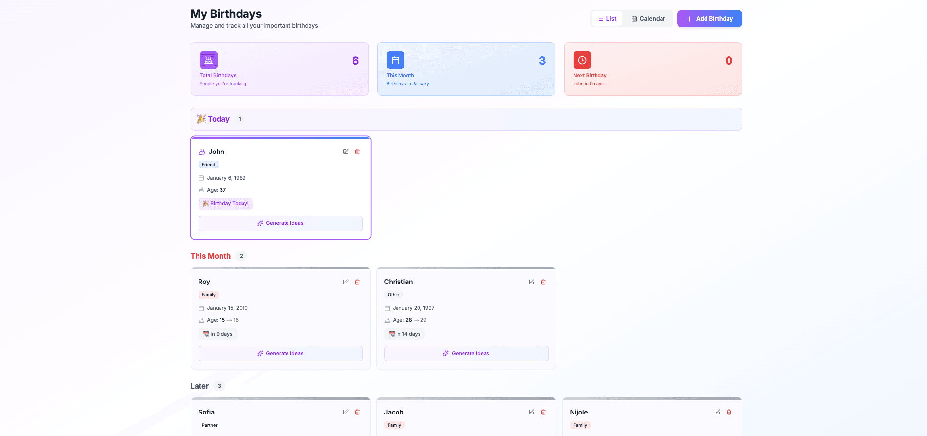 TheBirthdayPal Dashboard Preview